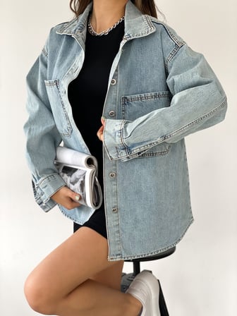 Çift Cepli Oversize Denim Gömlek Ceket - MAVİ - TEK EBAT