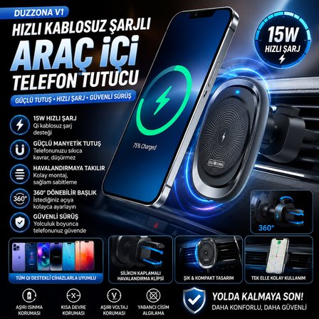 Hızlı şarj destekli kablosuz araç içi telefon tutucu Havalandırmaya takılan araç içi kablosuz şarj tutucu