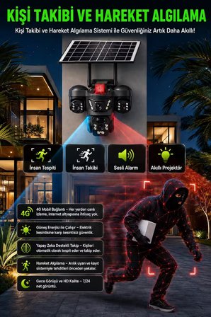 ARM-01 Solar Güneş Panelli 15MP 3 Lensli 4G Sim Kartlı Güvenlik Kamerası | 360° PTZ Gece Görüşlü Sesli Dış Mekan | V380 Pro
