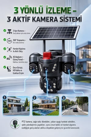 ARM-01 Solar Güneş Panelli 15MP 3 Lensli 4G Sim Kartlı Güvenlik Kamerası | 360° PTZ Gece Görüşlü Sesli Dış Mekan | V380 Pro