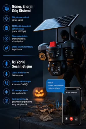 ARM-01 Solar Güneş Panelli 15MP 3 Lensli 4G Sim Kartlı Güvenlik Kamerası | 360° PTZ Gece Görüşlü Sesli Dış Mekan | V380 Pro