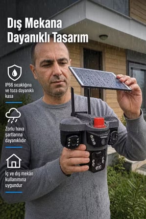 ARM-01 Solar Güneş Panelli 15MP 3 Lensli 4G Sim Kartlı Güvenlik Kamerası | 360° PTZ Gece Görüşlü Sesli Dış Mekan | V380 Pro