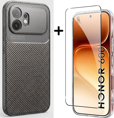 Honor 600 ile Uyumlu Karbon Tasarım Silikon Telefon Kılıfı ve Temperli Cam Ekran Koruyucu