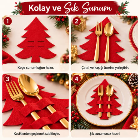 BakGelAl Lüks Yılbaşı Çam Ağacı Keçe Çatal Kaşık Kılıfı - Kırmızı Masa Sunum & Peçete Dekor Seti (23x19 cm)
