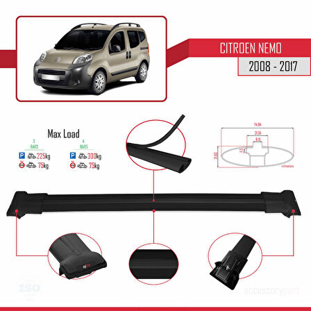 Citroen Nemo 3 (225) 2008-2017 Arası ile Uyumlu FLY Model Ara Atkı Tavan Barı Siyah 3 Adet