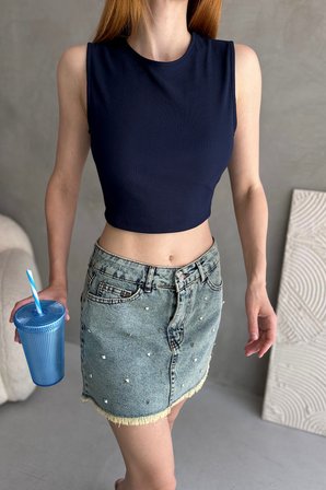 Sırtı Kemer Detaylı Kaşkorse Crop Bluz - LACİVERT - S