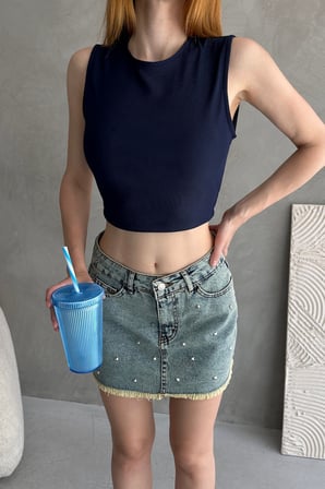 Sırtı Kemer Detaylı Kaşkorse Crop Bluz - LACİVERT - S