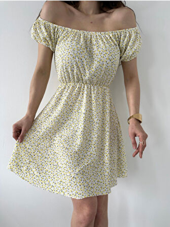 Madonna Yaka Çiçek Desenli Krinkıl Elbise - SARI - L