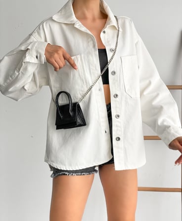 Çift Cepli Oversize Denim Gömlek Ceket - BEYAZ - TEK EBAT
