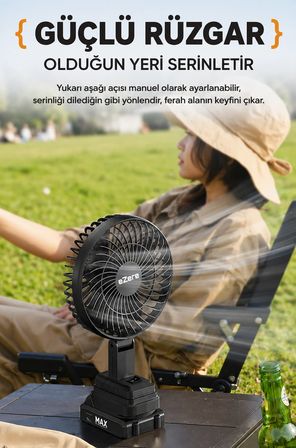 Şarjlı taşınabilir vantilatör 8 saat kullanım turbo şarjlı şarj göstergeli 5 kademeli outdoor kullanımı