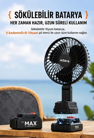 Şarjlı taşınabilir vantilatör 8 saat kullanım turbo şarjlı şarj göstergeli 5 kademeli outdoor kullanımı