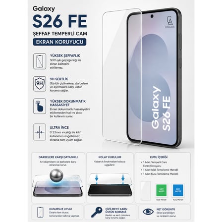 Samsung Galaxy S26 FE Uyumlu Içi Kadife Lansman Kılıf ve Şeffaf Temperli Cam Ekran Koruyucu