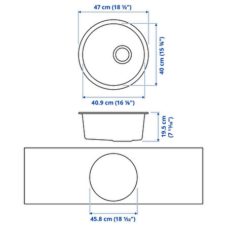 Tek gözlü eviye, siyah, 47 cm