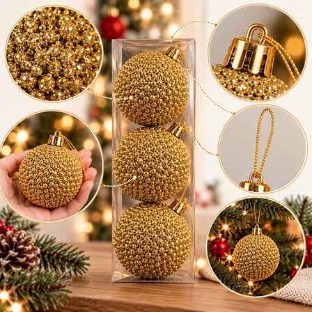 3'lü Lüks Yılbaşı Ağacı Top Süsü Seti (6 cm) - İp Dokulu & Işıltılı Süsleme Topları (Beyaz, Gold, Gümüş, Kırmızı)
