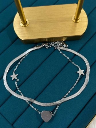 💎 Premium Parlak Gümüş Renk Çift Katmanlı Yıldız ve Kalp Detaylı Şık 316L Çelik Kadın Halhal (25cm)