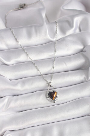 316L Çelik Gümüş Renk Zincir Kilit Kalp Kehribar Boncuk Model Kadın Kolye