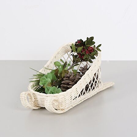 Dekoratif Yılbaşı Ürünleri, Rattan Neol Ağacı Süsü, Yılbaşı Dekoru Beyaz Rattan Kızak 27x15x14 cm