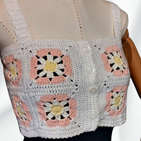 Uretti - Yıldız 7202 7367 El Örgüsü Yazlık Beyaz Kadın Büstiyer / Crop Bluz - 36/38/40 - Yavruağzı