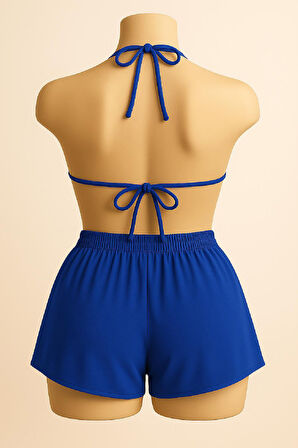 Kadın Mavi Şortlu Belden Ve Boyundan Bağlamalı Bikini Takımı - Mavi - L-XL