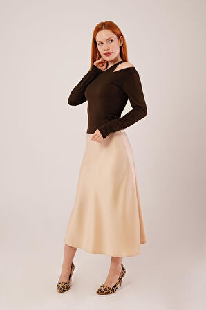 Omuz Dekolte Detaylı Kahverengi Bluz