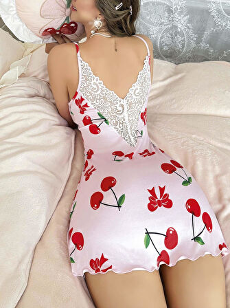 Kadın Kiraz  Desenli Dantel Detaylı  Askılı  Elbise 5067 - Beyaz - L-XL