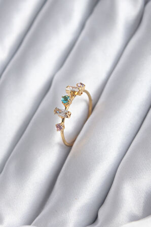 Gold Renk Zirkon Taşlı Renkli Zirkon Taşlı Kadın Yüzük