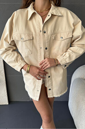 Çift Cepli Yırtık Detaylı Oversize Gömlek Ceket