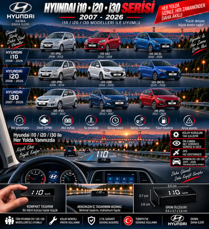 Hyundai İ10/i20/i30 2007-2026 modeller için head up display hayalet gösterge ekranı ön cam hız göstergesi