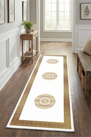 Yıkanabilir Kaymaz Versace Golday Düz Dijital Baskılı Yolluk Halı Tüy Tutmaz Gold
