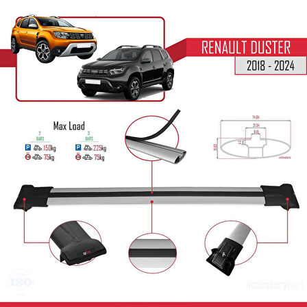 Renault Duster 2 (HM) 2018 ve Sonrası ile Uyumlu FLY Model Ara Atkı Tavan Barı Gri 2 Adet
