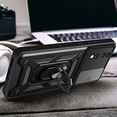 Honor 70 ile Uyumlu Kılıf Magnetik Standlı Kamera Korumalı Sürgülü Kapak