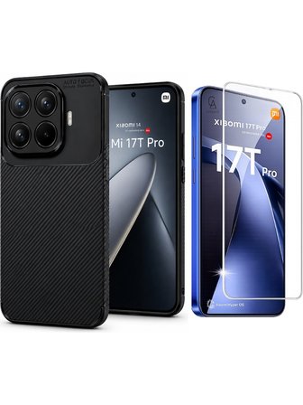 Xiaomi Mi 17T Pro ile Uyumlu Karbon Tasarım Silikon Telefon Kılıfı ve Temperli Cam Ekran Koruyucu