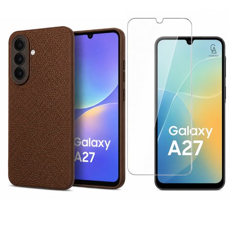 Samsung Galaxy A27 Uyumlu Deri Dokulu Silikon Telefon Kılıfı ve Şeffaf Temperli Cam Ekran Koruyucu