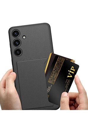 Samsung Galaxy S24 Uyumlu Suni Deri Arka Yüzey Kartlıklı Kartvizitli Telefon Kılıfı