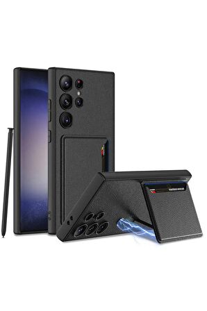 Samsung Galaxy S24 Ultra Uyumlu Suni Deri Arka Yüzey Kartlıklı Kartvizitli Telefon Kılıfı