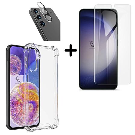 Samsung Galaxy S24 Uyumlu Kılıf Şeffaf Temperli Kırılmaz Cam Ekran ve Kamera Lens Koruyucu Seti
