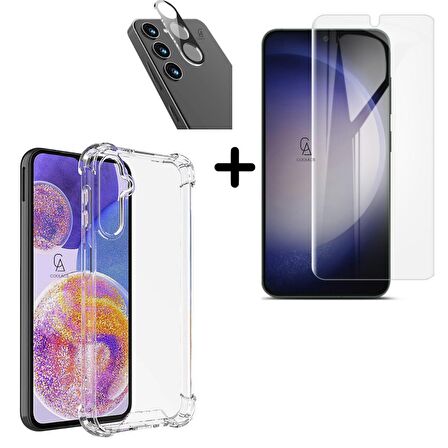 Samsung Galaxy S24 Plus Uyumlu Kılıf Şeffaf Temperli Kırılmaz Cam Ekran ve Kamera Lens Koruyucu Seti