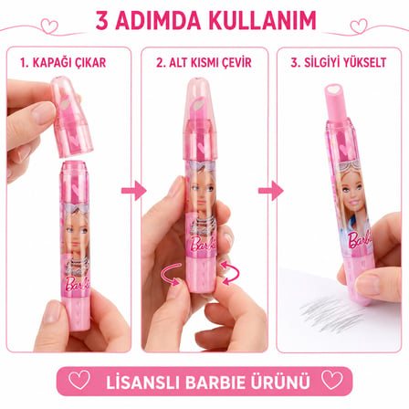 BakGelAl Lisanslı Barbie Kalp Uçlu Çevirmeli Kalem Silgi Kapaklı Okul Kırtasiye Ürünü