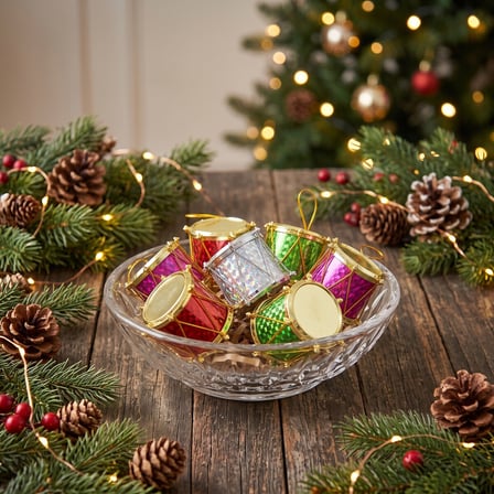 Renkli Davul Yılbaşı Ağacı Süsü 6'lı Set - 4 cm Simli & Işıltılı Mini Yılbaşı Ağaç Süsleme Aksesuarı