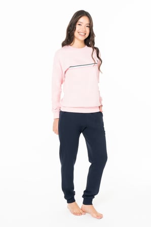 Kadın Bisiklet Yaka Uzun Kollu Pijama Takımı S26121 BANTLI PAÇA RAHAT KUMAŞ