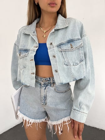 Çift Cepli Yıkamalı Crop Denim Ceket - MAVİ