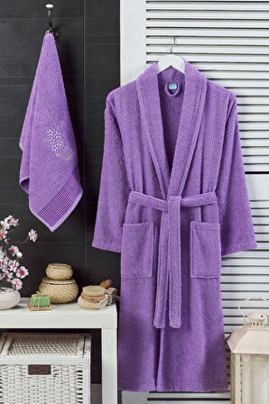 Kadın Havlulu Banyo Bornoz Takımı &#37;100 Pamuklu Lavanta - L-XL