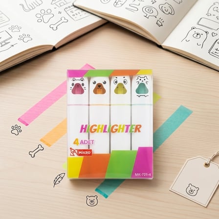 BakGelAl Sevimli Hayvan Figürlü Mikro Fosforlu Kalem Seti 4'lü - Renkli Pastel Highlighter Kalemi
