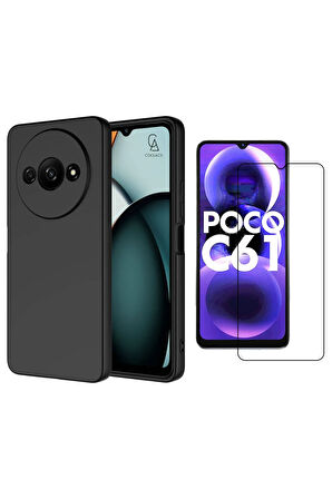 Xiaomi Poco C61 Uyumlu Kılıf Esnek Silikon Telefon Kılıfı ve Temperli Cam Ekran Koruyucu