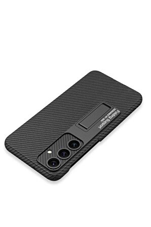Samsung Galaxy S24 Uyumlu Karbon Fiber Suni Deri Görünümlü Standlı Lüks Telefon Kılıfı Kapak