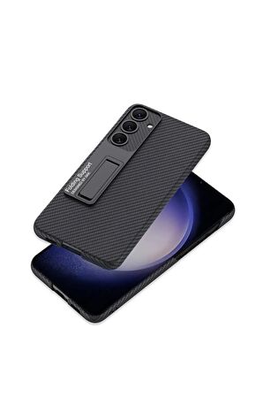 Samsung Galaxy S24 Uyumlu Karbon Fiber Suni Deri Görünümlü Standlı Lüks Telefon Kılıfı Kapak