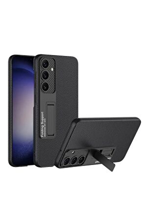 Samsung Galaxy S24 Plus Uyumlu Karbon Fiber Suni Deri Görünümlü Standlı Lüks Telefon Kılıfı Kapak