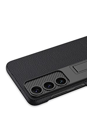 Samsung Galaxy S24 Plus Uyumlu Karbon Fiber Suni Deri Görünümlü Standlı Lüks Telefon Kılıfı Kapak