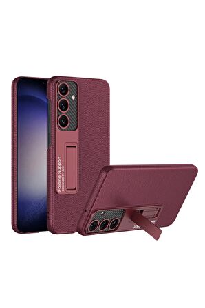 Galaxy S24 Plus Uyumlu Karbon Fiber Suni Deri Görünümlü Standlı Lüks Telefon Kılıfı Kapak