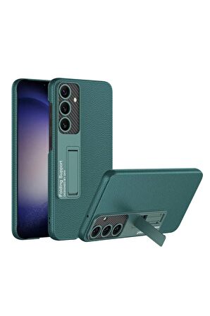 Samsung Galaxy S24 Plus Uyumlu Karbon Fiber Suni Deri Görünümlü Standlı Lüks Telefon Kılıfı Kapak